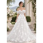 A-Line  3-D Flower Lace Wedding Dress with Bustier Bodice- LV-A1004DS