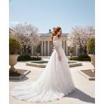 A-Line  3-D Flower Lace Wedding Dress with Bustier Bodice- LV-A1004DS