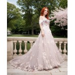 A-Line  3-D Flower Lace Wedding Dress with Bustier Bodice- LV-A1004DS