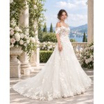 A-Line  3-D Flower Lace Wedding Dress with Bustier Bodice- LV-A1004DS