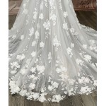 A-Line  3-D Flower Lace Wedding Dress with Bustier Bodice- LV-A1004DS