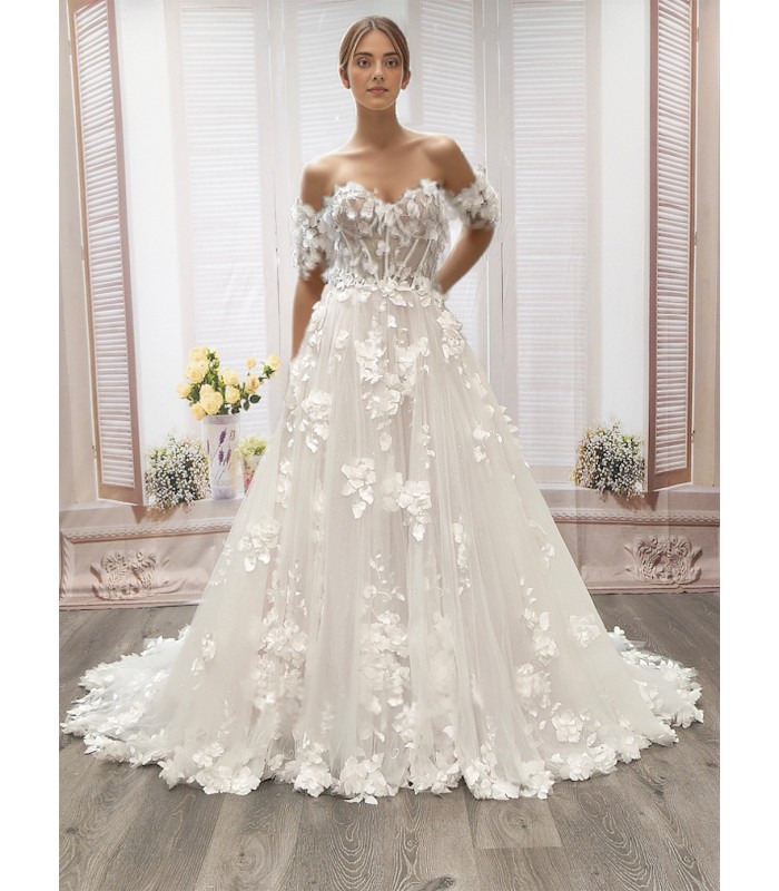 A-Line  3-D Flower Lace Wedding Dress with Bustier Bodice- LV-A1004DS