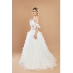 A-Line Sequined Floral Lace Appliqued Tulle Ruffle Tiered Skirt with Off-shoulder Straps Wedding Dress - LV-A2002