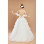 A-Line Sequined Floral Lace Appliqued Tulle Ruffle Tiered Skirt with Off-shoulder Straps Wedding Dress - LV-A2002