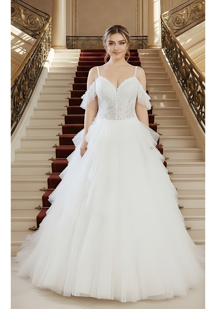 A-Line Sequined Floral Lace Appliqued Tulle Ruffle Tiered Skirt with Off-shoulder Straps Wedding Dress - LV-A2002