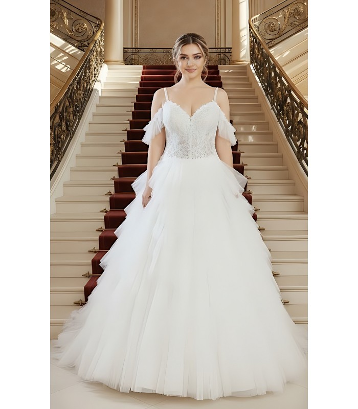 A-Line Sequined Floral Lace Appliqued Tulle Ruffle Tiered Skirt with Off-shoulder Straps Wedding Dress - LV-A2002