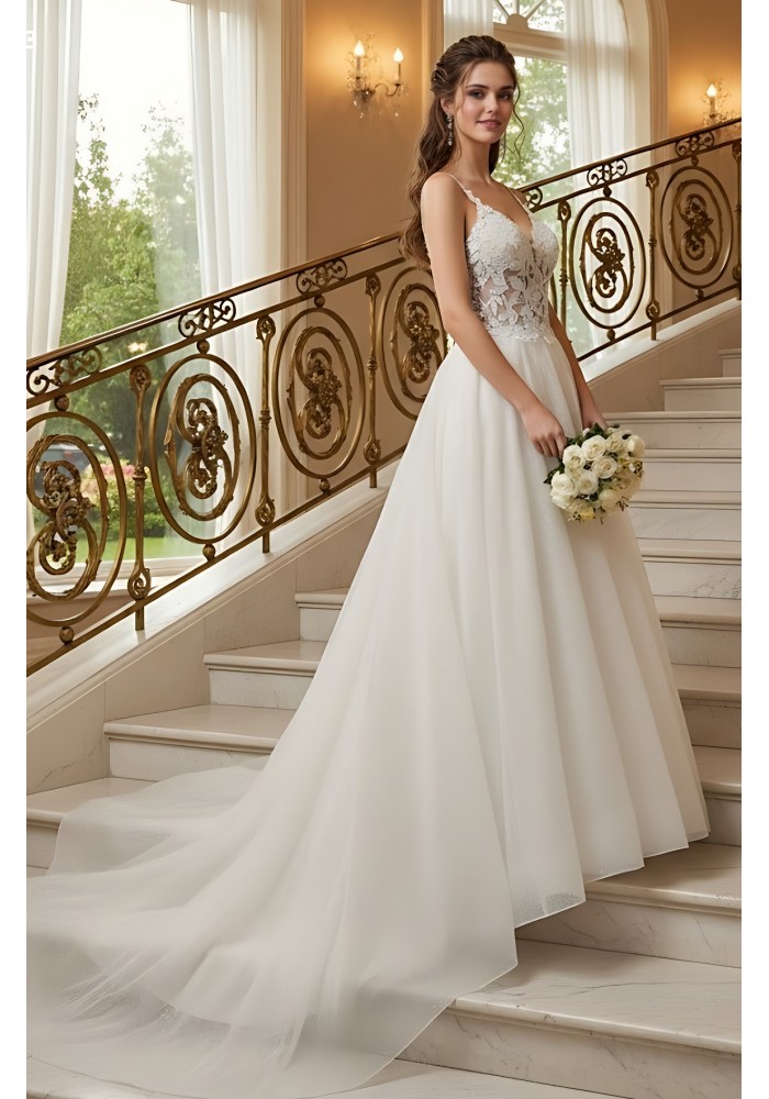 A-Line Chic Glitter Tulle  V-Neck Spaghetti Straps Wedding Dress - LV-A2003