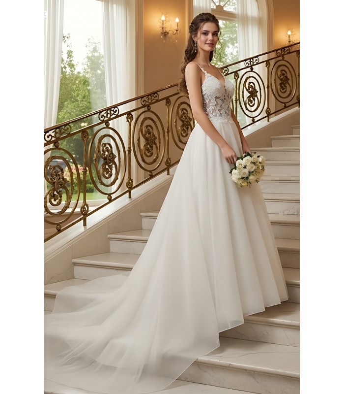 A-Line Chic Glitter Tulle  V-Neck Spaghetti Straps Wedding Dress - LV-A2003