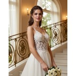 A-Line Chic Glitter Tulle  V-Neck Spaghetti Straps Wedding Dress - LV-A2003