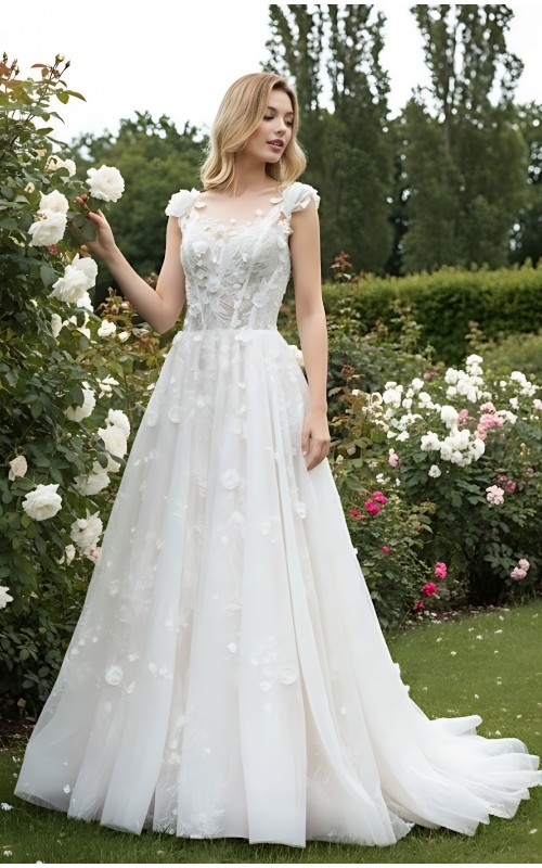 Wedding Dress - 3-D Beaded Floral lace Applique Tulle A-line with Handmade 3-D Roses Neckline- LV-A3005