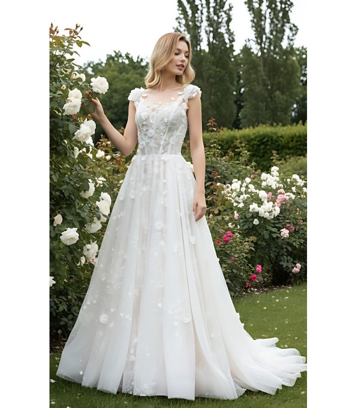 Wedding Dress - 3-D Beaded Floral lace Applique Tulle A-line with Handmade 3-D Roses Neckline- LV-A3005