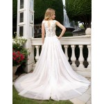 Wedding Dress - 3-D Beaded Floral lace Applique Tulle A-line with Handmade 3-D Roses Neckline- LV-A3005