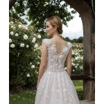 Wedding Dress - 3-D Beaded Floral lace Applique Tulle A-line with Handmade 3-D Roses Neckline- LV-A3005