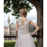 Wedding Dress - 3-D Beaded Floral lace Applique Tulle A-line with Handmade 3-D Roses Neckline- LV-A3005