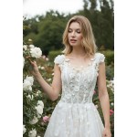 Wedding Dress - 3-D Beaded Floral lace Applique Tulle A-line with Handmade 3-D Roses Neckline- LV-A3005