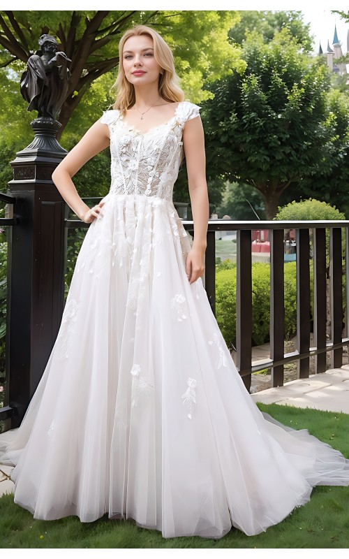 Wedding Dress - 3-D Beaded Floral lace Applique Tulle A-line with Handmade 3-D Roses Neckline- LV-A3005