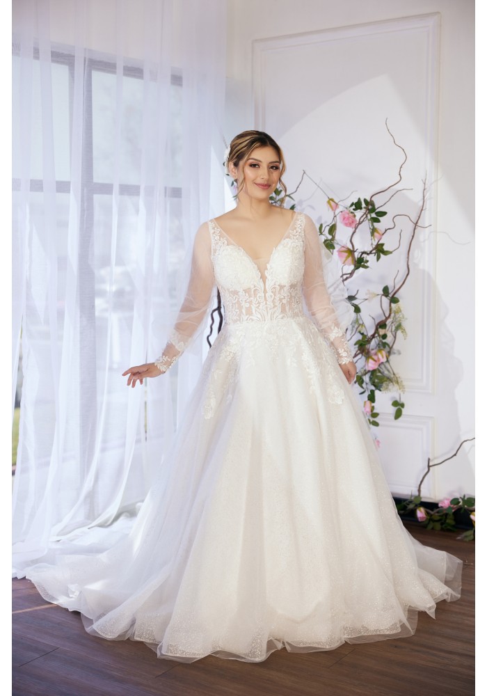 A-line Plunge V  Sequined Floral Lace Tulle with Detachable Bishop Long Sleeves Wedding Dress - LV-A4001