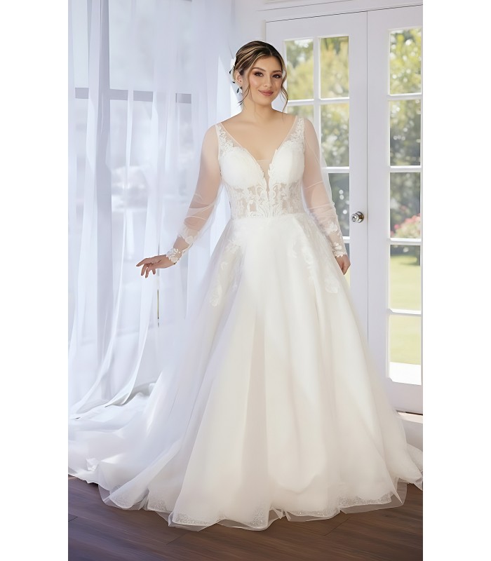 A-line Plunge V  Sequined Floral Lace Tulle with Detachable Bishop Long Sleeves Wedding Dress - LV-A4001