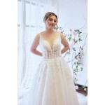 A-line Plunge V  Sequined Floral Lace Tulle with Detachable Bishop Long Sleeves Wedding Dress - LV-A4001