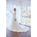 A-line Plunge V  Sequined Floral Lace Tulle with Detachable Bishop Long Sleeves Wedding Dress - LV-A4001