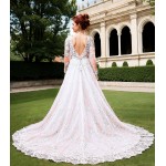 A-Line Long Sleeve Floral Lace Applique Tulle Wedding Dress - LV-A6001