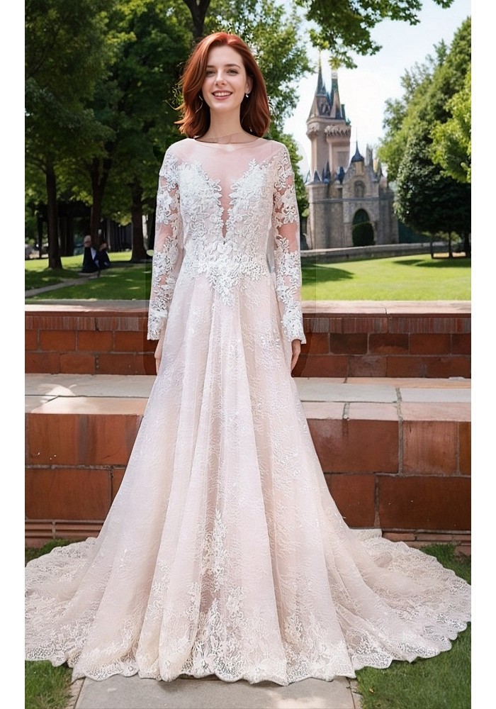 A-Line Long Sleeve Floral Lace Applique Tulle Wedding Dress - LV-A6001