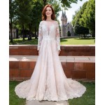 A-Line Long Sleeve Floral Lace Applique Tulle Wedding Dress - LV-A6001