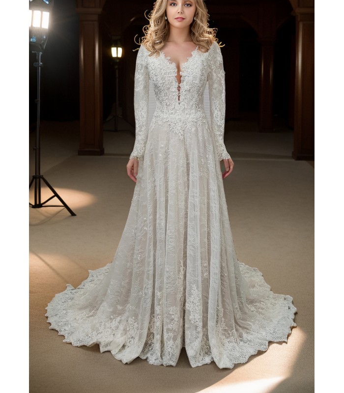 A-Line Long Sleeve Floral Lace Applique Tulle Wedding Dress - LV-A6001