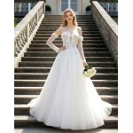 Wedding Dress - 3-D Floral Lace Applique Tulle Ruched Bodice Basque Waist A-line with Detachable Long Sleeves - LV-A6005