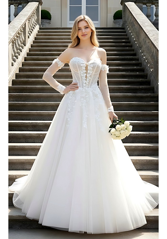 Wedding Dress - 3-D Floral Lace Applique Tulle Ruched Bodice Basque Waist A-line with Detachable Long Sleeves - LV-A6005
