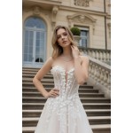 Wedding Dress - 3-D Floral Lace Applique Tulle Ruched Bodice Basque Waist A-line with Detachable Long Sleeves - LV-A6005