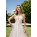 Wedding Dress - 3-D Floral Lace Applique Tulle Ruched Bodice Basque Waist A-line with Detachable Long Sleeves - LV-A6005