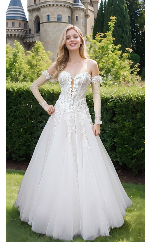 Wedding Dress - 3-D Floral Lace Applique Tulle Ruched Bodice Basque Waist A-line with Detachable Long Sleeves - LV-A6005