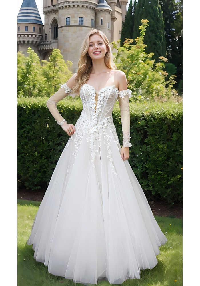 Wedding Dress - 3-D Floral Lace Applique Tulle Ruched Bodice Basque Waist A-line with Detachable Long Sleeves - LV-A6005