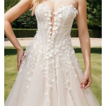 Wedding Dress - 3-D Floral Lace Applique Tulle Ruched Bodice Basque Waist A-line with Detachable Long Sleeves - LV-A6005