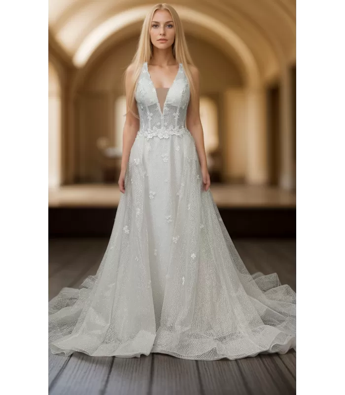 Fitted and Flare Glitter Embroidery Tulle with Overskirt Wedding Dress - LV-F5001OS