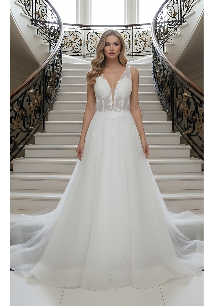 Fitted and Flare Glitter Embroidery Tulle with Overskirt Wedding Dress - LV-F5001OS