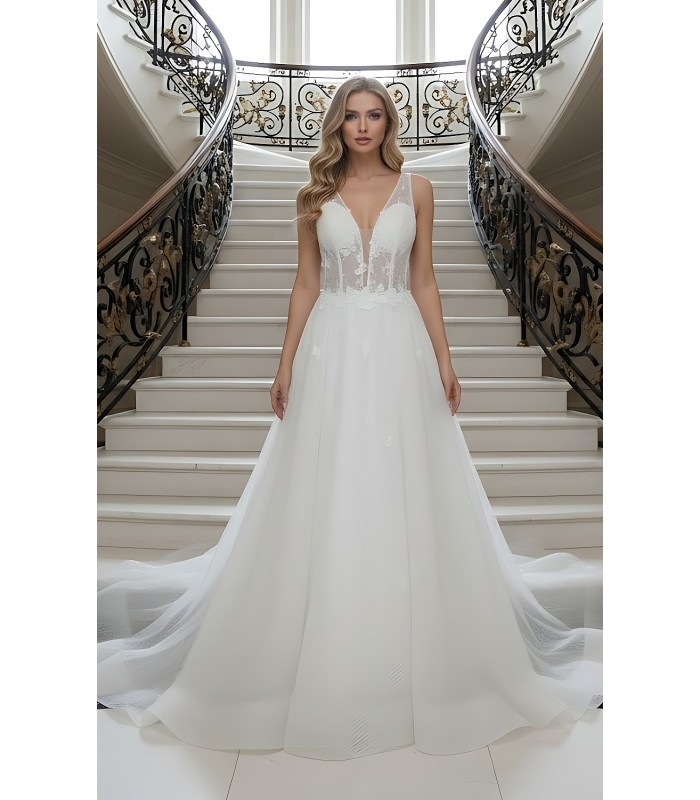 Fitted and Flare Glitter Embroidery Tulle with Overskirt Wedding Dress - LV-F5001OS