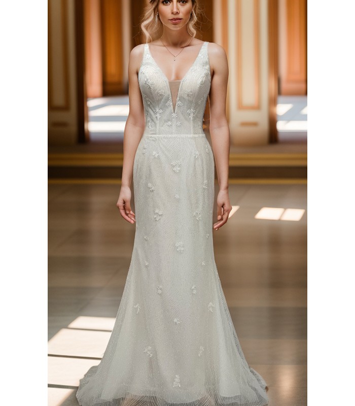 Fitted and Flare Glitter Embroidery Tulle with Overskirt Wedding Dress - LV-F5001OS