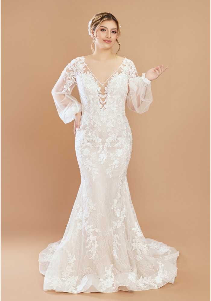 Mermaid Sequined Lace Appliqued Tulle Plunge V-Neck with Bishop Long Sleeves  Wedding Dress - LV-F6002