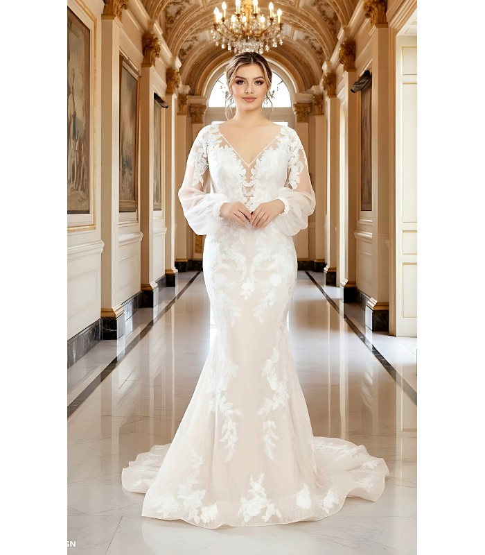 Mermaid Sequined Lace Appliqued Tulle Plunge V-Neck with Bishop Long Sleeves  Wedding Dress - LV-F6002