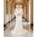 Mermaid Sequined Lace Appliqued Tulle Plunge V-Neck with Bishop Long Sleeves  Wedding Dress - LV-F6002