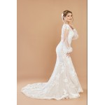 Mermaid Sequined Lace Appliqued Tulle Plunge V-Neck with Bishop Long Sleeves  Wedding Dress - LV-F6002