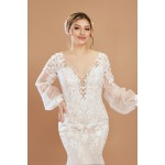 Mermaid Sequined Lace Appliqued Tulle Plunge V-Neck with Bishop Long Sleeves  Wedding Dress - LV-F6002