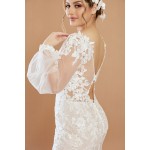 Mermaid Sequined Lace Appliqued Tulle Plunge V-Neck with Bishop Long Sleeves  Wedding Dress - LV-F6002