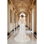 Mermaid Sequined Lace Appliqued Tulle Plunge V-Neck with Bishop Long Sleeves  Wedding Dress - LV-F6002