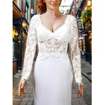 Crepe Beaded Floral Long Sleeves Fitted and Flare Wedding Dress with Sheer Lacy Train - LV-F6007