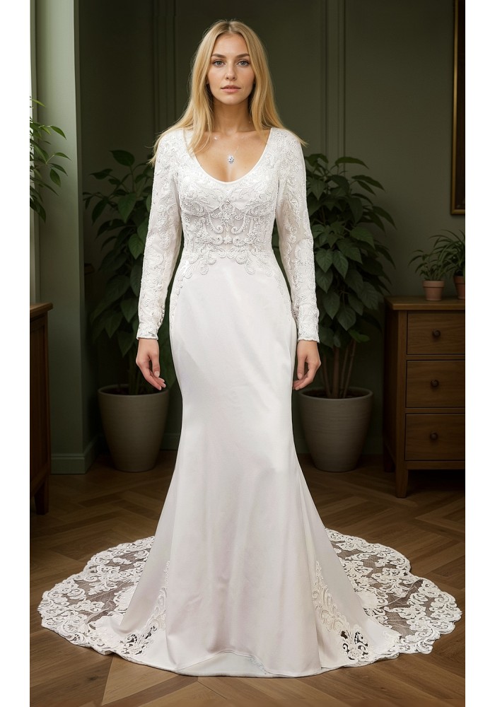 Crepe Beaded Floral Long Sleeves Fitted and Flare Wedding Dress with Sheer Lacy Train - LV-F6007