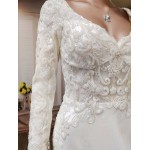 Crepe Beaded Floral Long Sleeves Fitted and Flare Wedding Dress with Sheer Lacy Train - LV-F6007