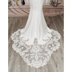 Crepe Beaded Floral Long Sleeves Fitted and Flare Wedding Dress with Sheer Lacy Train - LV-F6007